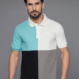 The Dry State Turquoise Blue & White Colourblocked Polo Collar Cotton T-shirt-image-8