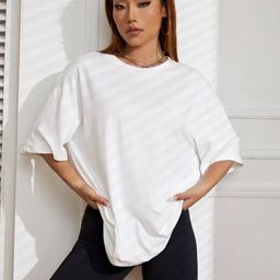 TRENDY RABBIT Women Striped V-Neck Drop-Shoulder Sleeves Pockets T-shirt-image-99