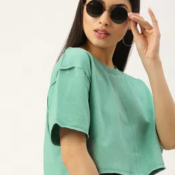 FOREVER 21 Women Sea Green Drop-Shoulder Sleeves Solid Cropped Sweatshirt-image-66