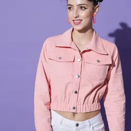 The Dry State Women Pink Corduroy Crop Tailored Jacket-image-15