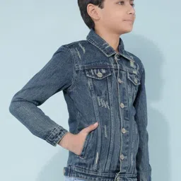 Crimsoune Club Boys Washed Checked Lightweight Crop Denim Jacket with Embroidered-picture-2