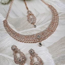 Sukkhi Rose Gold-Plated American Diamond-Studded Necklace With Earrings And Maang Tika-51