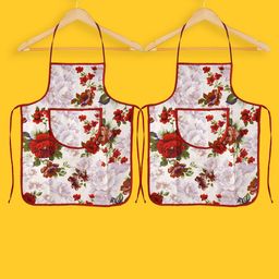 Kuber Industries Set Of 2 Red & White Flower Printed Cotton Apron With 1 Front Pocket-2