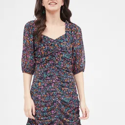 Kibo Floral Printed Smocked Georgette A-Line Dress-image-97
