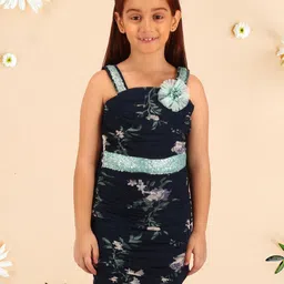 CUTECUMBER Floral Printed Shoulder Straps Sequined Satin Sheath Dress-6