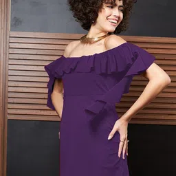 Shally Bhasin by Athena Purple Off-Shoulder Ruffled Mini Sheath Dress-image-46