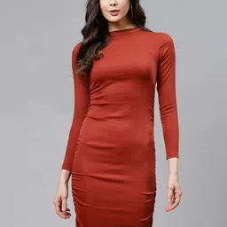 plusS Women Rust Brown Solid Bodycon Dress-10