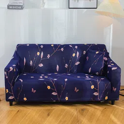HOUSE OF QUIRK Navy Blue Printed 1-Seater Stretchable Non-Slip Sofa Cover-image-67