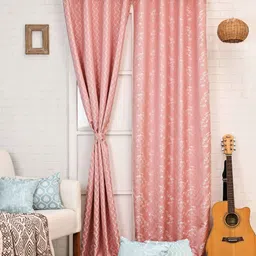 Ariana Coral & White Set of 2 Embroidered Room Darkening Window Curtain-17