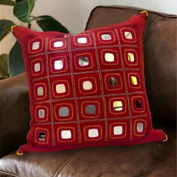 Peepul Tree Red Geometric Embroidered Cotton Square Cushion Cover-image-16