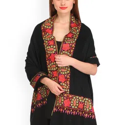 Exotic India Jet Black Papier Mache Hand-Embroidered Border Pure Pashmina Kashmiri Shawl-picture-0