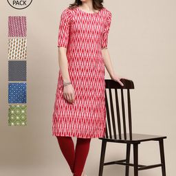 7Threads Pack of 6 Women Green & Red Ethnic Motifs Printed Crepe Kurta-image-18