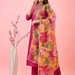 Globus Floral Embroidered V-Neck Straight Festive Kurta With Pants & Printed Dupatta Set-picture-25