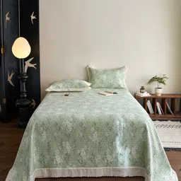 JC HOME Green & White Floral Printed Double King Bed Cover With Pillow Covers-image-20