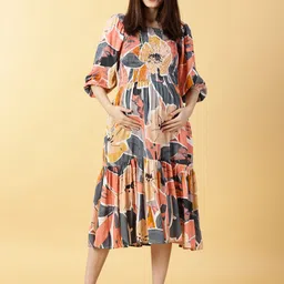 PURPLE FLAUNT Floral Print Flared Sleeve Maternity Fit & Flare Midi Dress-picture-31