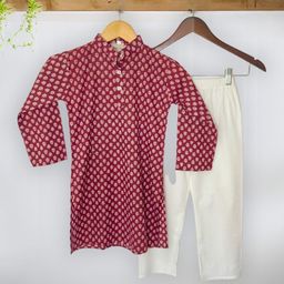 LITTLE GINNIE Boys Ethnic Motifs Printed Keyhole Neck Mirror Work Pathani Kurta-37
