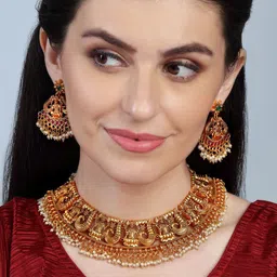 Anouk Matte Gold Plated Ruby Emerald Studded Temple Inspired Ethnic Statement Necklace Set image 4