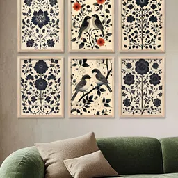 WALLLANE Cream & Black 6 Pieces Floral and Botanical Traditional Printed Wooden Wall Art-0