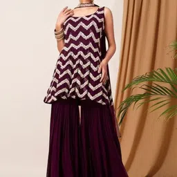 PARROT CREATION Chevron Embroidered Sequinned Georgette Kurti With Sharara And Dupatta-37