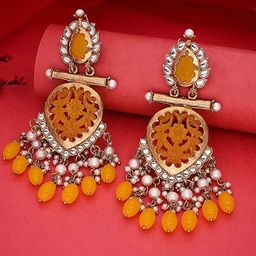 MADDY SPACE Gold-Plated Artificial Stones and Beaded Contemporary Drop Earrings-54