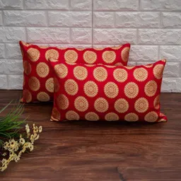 RoyalDeco Red & Gold-Toned 2 Pieces Ethnic Motifs Brocade Silk Rectangle Cushion Covers-image-27
