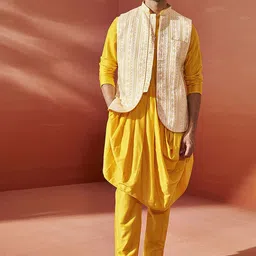 VASTRAMAY Mandarin Collar Pleated Kurta With Pyjamas & Nehru Jacket-picture-26