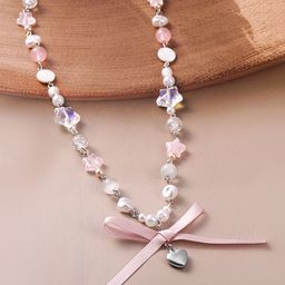Rhodium Plated Multicolor Beaded Necklace with Heart Pendant and Pink Ribbon Bow-18