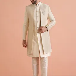KISAH Men Zari Regular Fit Jacquard Jacket Sherwani Trouser Set-picture-30