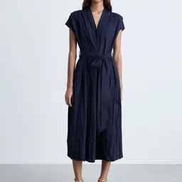 MANGO Crinkled Effect V-Neck Belted Detail Front-Open A-Line Midi Dress-image-41
