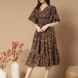 Raiyani Fashion Women Animal Print Flared Sleeves Pleated Smocked Wrap Midi Dress-picture-10