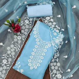 Leeza Store Floral Embroidered Thread Work Organza Unstitched Dress Material-image-9