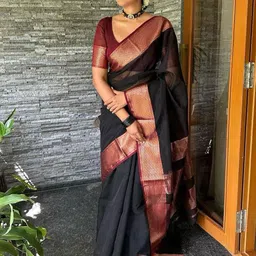 BlueRang Woven Design Zari Border Jacquard Silk Banarasi Saree with Blouse Piece-picture-4