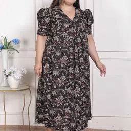 MIRAVAN Women Floral Printed Gathered Puff Sleeve Plus Size Cotton A-Line Midi Dress-picture-7