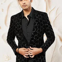 VASTRAMAY Slim-Fit Embroidered Sequinned Single Breasted Velvet Blazer-image-57