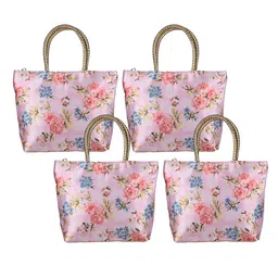 Kuber Industries 4-Pcs Floral Printed Silk Handle & 1 Outer Zip Pocket Small Handbags-33