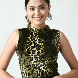 FLYING FEST Women Animal Printed High Neck Velvet Sleeveless Fitted Crop Top-image-3