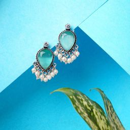 Bamboo Tree Jewels Artificial Stones Studded & Beaded Oxidised Oval Shaped Studs-image-94