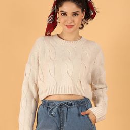 NoBarr Cable Knit Round Neck Crop Pullover-image-85