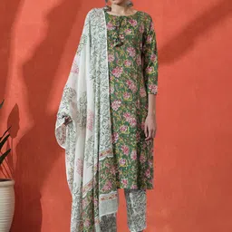 Sangria Floral Printed Straight Pure Cotton Kurta With Trousers & Dupatta-21