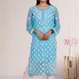 myplusfashion Women Ethnic Motifs Embroidered Chikankari Georgette Kurta-image-84