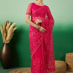 SHADOW & SAINING Floral Embroidered Beads and Stones Net Saree-10