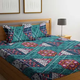 Aura Multicoloured & Green Geometric 300 TC King Bedsheet with 2 Pillow Covers-image-6