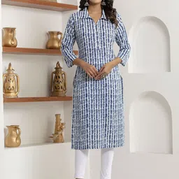 KANNAHI Floral Printed Shirt Collar Cotton Straight Kurta-picture-46