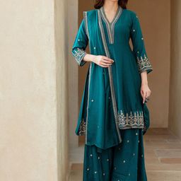 SANISA Women Ethnic Motifs Embroidered Regular Sequinned Kurta with Sharara & With Dupatta-image-33