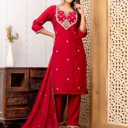 CELEBRAVO Women Ethnic Motifs Embroidered Regular Sequinned Kurta with Pyjamas & With Dupatta-6