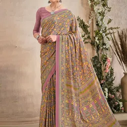 Reboot Fashions Floral Printed Pure Crepe Saree With Unstitched Crepe Blouse Piece-image-71