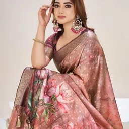 Tasrika Red Cotton silk floral digital printed mokaish work embellished sari-picture-33