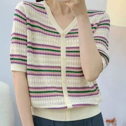 KPOP V-Neck Short Sleeves Striped Top-image-56