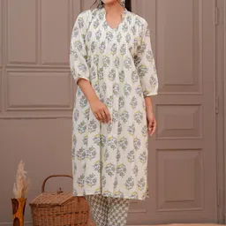 The loom craft Floral Printed Straight Mandarin Collar Pure Cotton Kurta With Trousers-29
