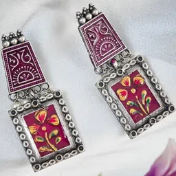 Sangria German Silver Silver-Plated Artificial Beaded Meenakari Contemporary Drop Earrings-45